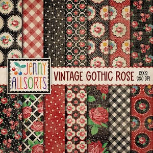 Vintage Gothic Rose Digital Paper Set, 14 shabby chic dark red & black cottage grunge wallpaper patterns, faded worn roses background design