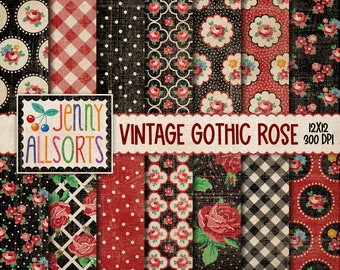 Vintage Gothic Rose Digital Paper Set, 14 shabby chic dark red & black cottage grunge wallpaper patterns, faded worn roses background design