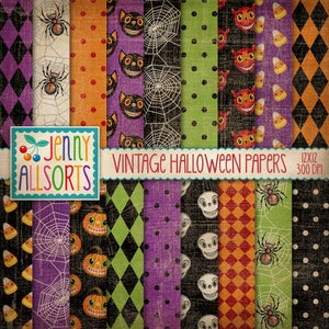 Papel de diseño digital de Halloween vintage: patrones retro de Halloween, papel de álbum de recortes de Halloween espeluznante, textura grunge desgastada envejecida, calaveras y arañas.