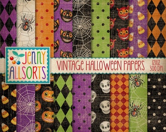 Vintage Halloween Digital Design Paper - retro Halloween patterns, spooky Halloween scrapbook paper, aged worn grunge texture skulls spiders