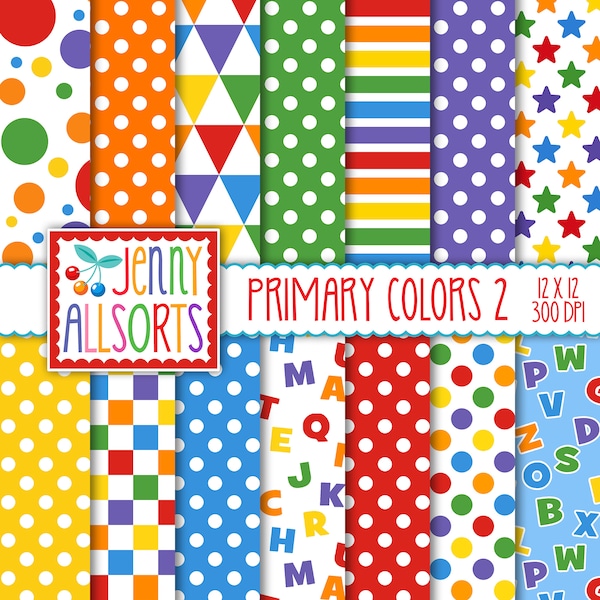 Primary Colors 2 Digital Paper Pack - 14 graphic designs, red orange yellow blue green purple, letters stripes dots triangles bright colors