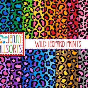Papeles de diseño digital de leopardo salvaje, estampados de animales de colores brillantes para diseño y scrapbooking digital, patrones de fondo digital de guepardo vívido