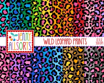 Wild Leopard Digital Design Papers, Bright Color Animal Print for