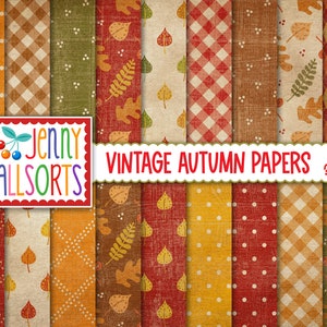Carta per scrapbooking digitale vintage autunnale e del Ringraziamento, disegni digitali autunnali stampabili, foglie di ulivo color ocra rosso senape invecchiato e vichy