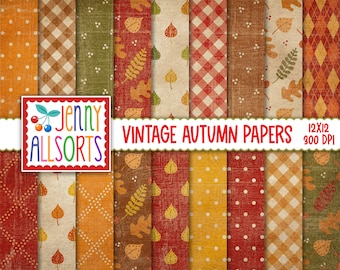 Vintage Autumn & Thanksgiving Digital Scrapbook Paper, printable Fall digital designs, aged worn mustard red ochre olive leaves and gingham