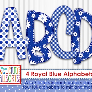 Royal Blue 4-alfabetbundel voor sublimatie en ontwerp, schattige digitale alfa, gingangbloemen stippen, plakboek doodle letters, clipart alfabet