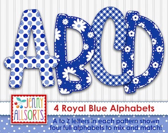Royal Blue 4-Alphabet bundle for sublimation & design, cute digital alpha, gingham flowers dots, scrapbook doodle letters, clipart alphabet