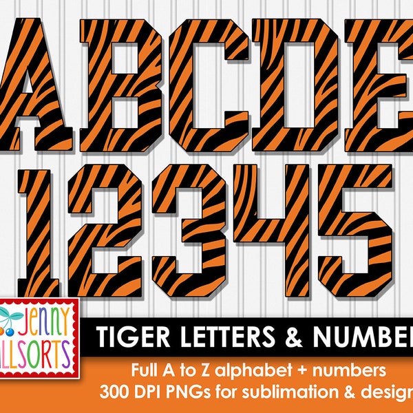 Tiger Stripe Letter Set for sublimation & design, Tiger alphabet digital clipart, scrapbook clip art, varsity school spirit letters +numbers