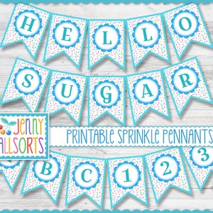 Banderín imprimible Sprinkle - Letrero digital Sprinkle de color azul bebé, decoración para fiesta de cumpleaños, decoración de ducha DIY, banderines con letras del alfabeto