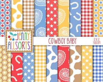 Baby Cowboy Digital Paper Pack, Cowboy Baby Shower Party Paper, Baby Cowboy Scrapbook Paper, papeles de scrapbook digital de bebé vaquero pastel