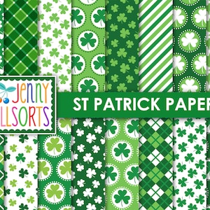 St Patricks Digital Paper Pack - Printable graphic design patterns, backgrounds, green papers, lucky shamrocks, Irish tartan plaid papers