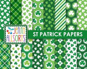 St Patricks Digital Paper Pack - Printable graphic design patterns, backgrounds, green papers, lucky shamrocks, Irish tartan plaid papers