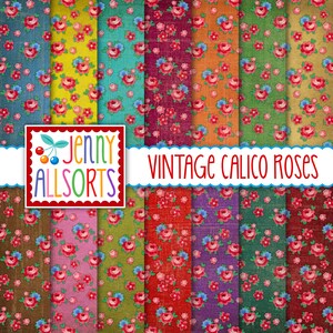 Papeles digitales Vintage Calico Roses: patrones de tela con motivos florales vintage para imprimir, fondos boho gitanos vintage shabby, colores intensos y vivos