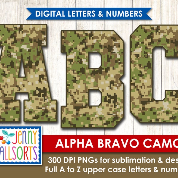 Marpat Camo Digitales Alphabet für Sublimationsdesign, Militär-Camoflauge-Digitaldesign-Scrapbook-PNG-Clipart, Jagd-Camouflage-Buchstaben