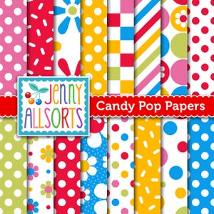 Candy Pop Digital Scrapbook Paper - Bright Primary Color Designs for invitations, card making, digital scrapbooking - Instant Download