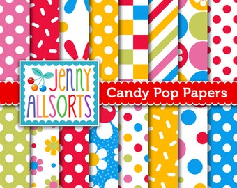 Candy Pop Digital Scrapbook Paper - Bright Primary Color Designs for invitations, card making, digital scrapbooking - Instant Download