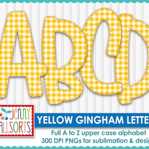 May include: Four uppercase letters, A, B, C, and D, in a yellow and white gingham pattern. The letters have a stitched outline and are set against a white background with a scalloped border. Text reads "YELLOW GINGHAM LETTERS".