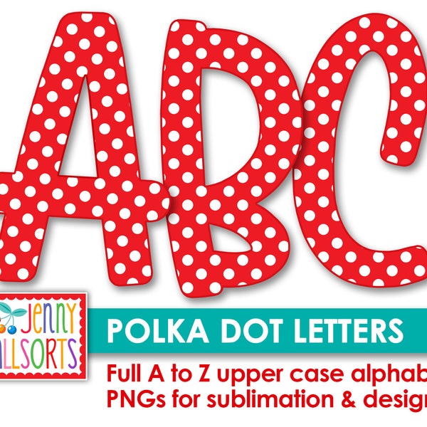 Red Polka Dot Alphabet for sublimation & design, 10" digital design clipart letters, polkadot scrapbook clip art, primary red doodle letters