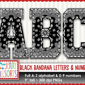 Letras y números de pañuelo negro: sublimación o diseño, clipart digital de pañuelo de punto, letras de álbum de recortes de vaqueros del oeste, alfabeto universitario