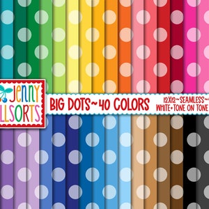 May include: A digital paper pack with 40 different seamless polka dot patterns. The dots are white and the backgrounds are various colors. The text "BIG DOTS~40 COLORS" is at the top of the image. The text "12X12~SEAMLESS~300DPI WHITE-TONE ON TONE INCLUDED" is at the bottom of the image.