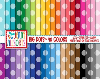 Big Dots Digital Papers - 40 Rainbow Colors with white or tone dots, 80 sheets, bold polka dot pattern, seamless digital background designs