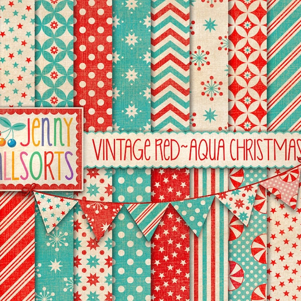 Vintage Christmas Digital Paper Set + Clipart - 20 printable red & aqua vintage patterns - faded worn holiday paper, retro Christmas designs