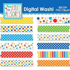 Cores primárias Washi Tape Digital Clip Art Gráfico Download, Clipart Digital Washi Tape Scrapbook Supplies, Digital Supplies, Back to School