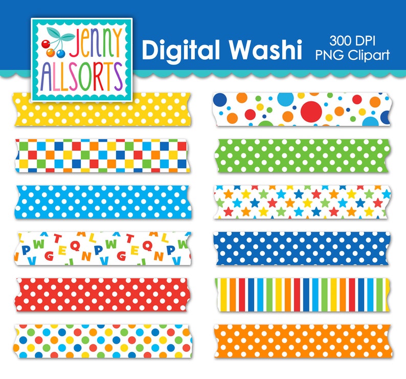 May include: Set of 10 digital washi tape designs in PNG format. The designs include polka dots, stripes, checkered patterns, stars, and letters. The washi tape is perfect for adding a touch of whimsy to your crafts and projects.