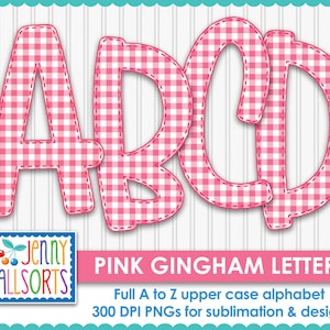 Pink Gingham Digital Alphabet for sublimation & design, 10" digital letters clipart, gingham scrapbook clip art, pink gingham doodle letters