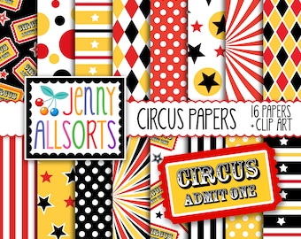 Circus Digital Paper & Clipart - carnival red black yellow, printable graphic design patterns for digital scrapbooks, digital backgrounds