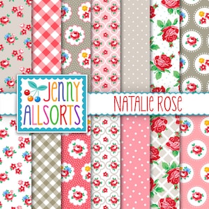 Papier numérique Shabby Chic Natalie Rose - Motifs floraux roses et gris de ferme de cottage, vichy, roses pour le scrapbooking, arrière-plans numériques