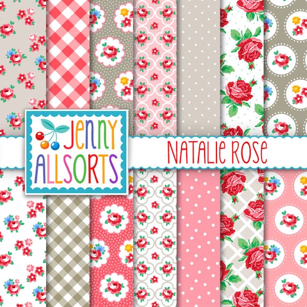 Shabby Chic Digital Paper Natalie Rose - Pink & Gray floral cottage farmhouse patterns, gingham, roses for scrapbooking, digital backgrounds