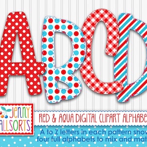 Red Aqua 4-Alphabet bundle for sublimation & design, fun digital geometric alpha, printable clipart doodle letters, polkadot gingham stripes