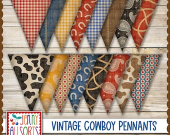 Vintage Cowboy Pennant Bunting - printable western pattern garland flags, party decor, faded worn gingham paisley cowhide & horseshoe banner