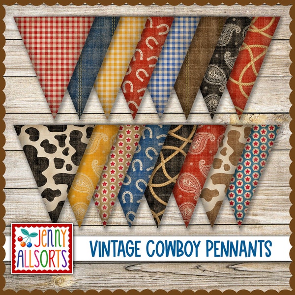 Vintage Cowboy Pennant Bunting - printable western pattern garland flags, party decor, faded worn gingham paisley cowhide & horseshoe banner