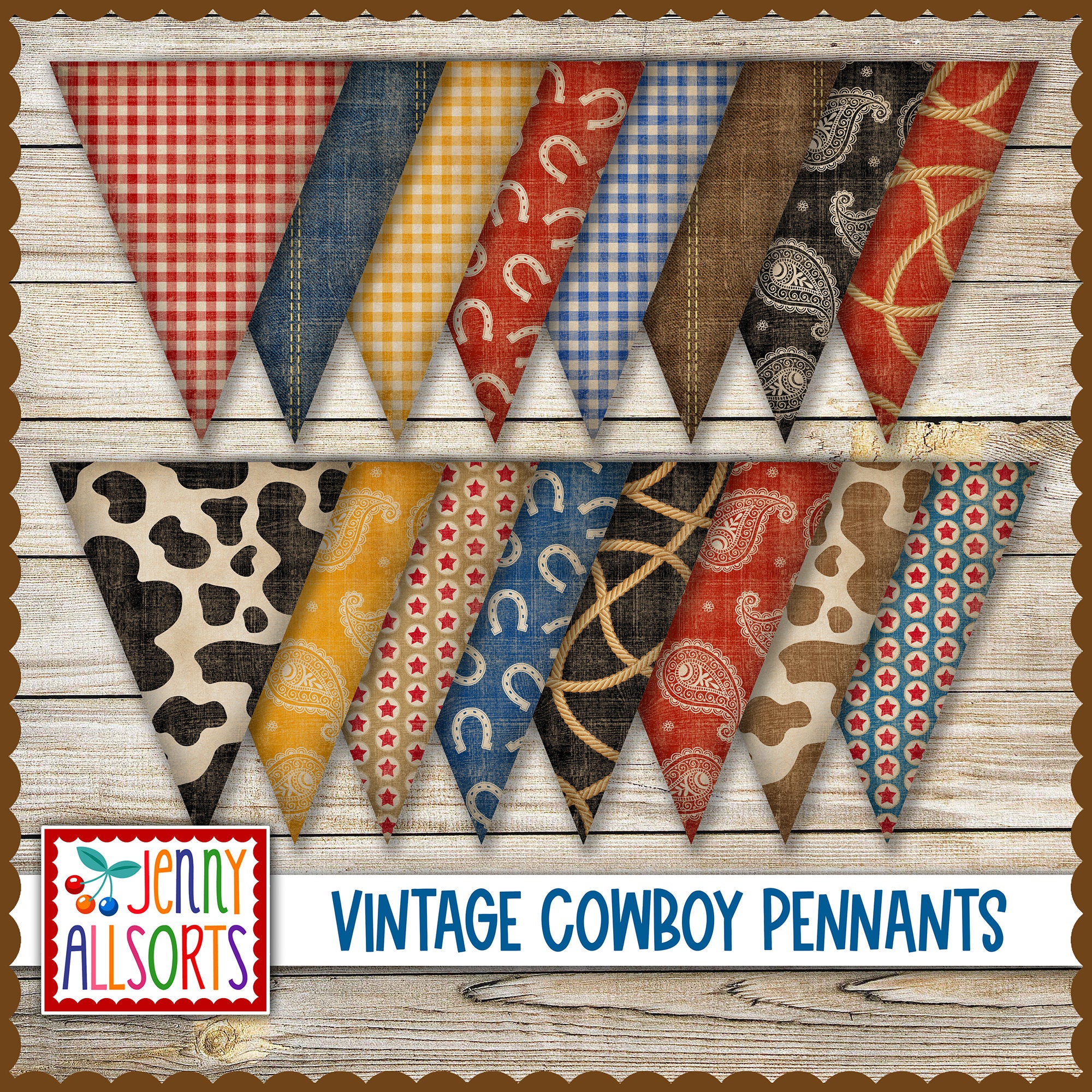 Vintage Cowboy Pennant Bunting printable western pattern garland flags party decor faded worn gingham paisley cowhide
