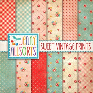Sweet Vintage Prints Digital Papers, lindos padrões de rosas, guingão e bolinhas em texturas antigas desbotadas para scrapbooks digitais, diários de lixo