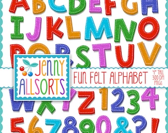 Fun Felt Alphabet clipart - digital 3D felt letters with stitch lines - 4" tall transparent pngs - printable scrapbook clip art