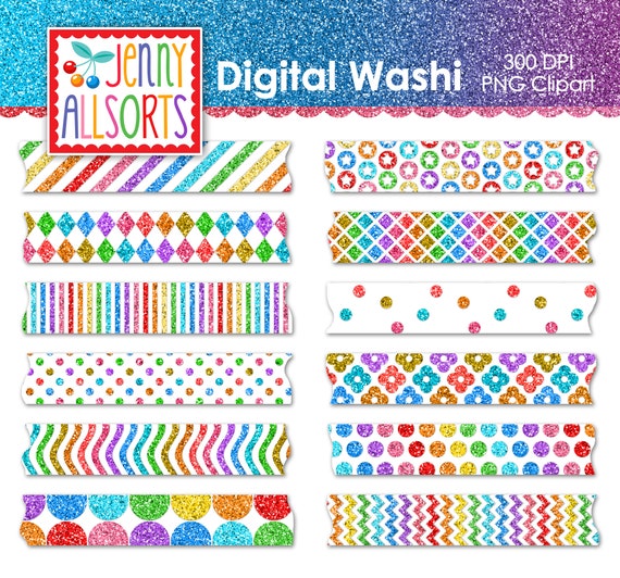 Rainbow Glitter Washi Tape Digital Clip Art Graphic Download, Clipart Digital Washi Tape scrapbook Supplies, Digital Supplies, Rainbow Washi