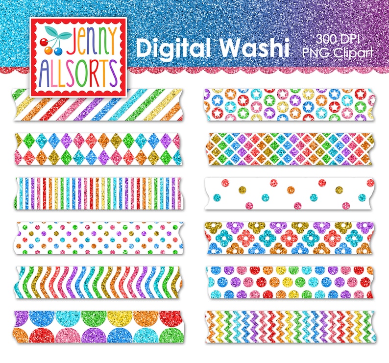 May include: A set of 10 digital washi tape designs with glitter textures. The designs include stripes, polka dots, diamonds, flowers, and zigzags in various colors. The washi tape is perfect for adding a touch of sparkle to your crafts and projects.
