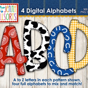 Pacote Western Cowboy 4-Alphabet para sublimação e design, clip art de rodeio digital, letras de doodle do velho oeste, bandana de couro de algodão guingão alfa