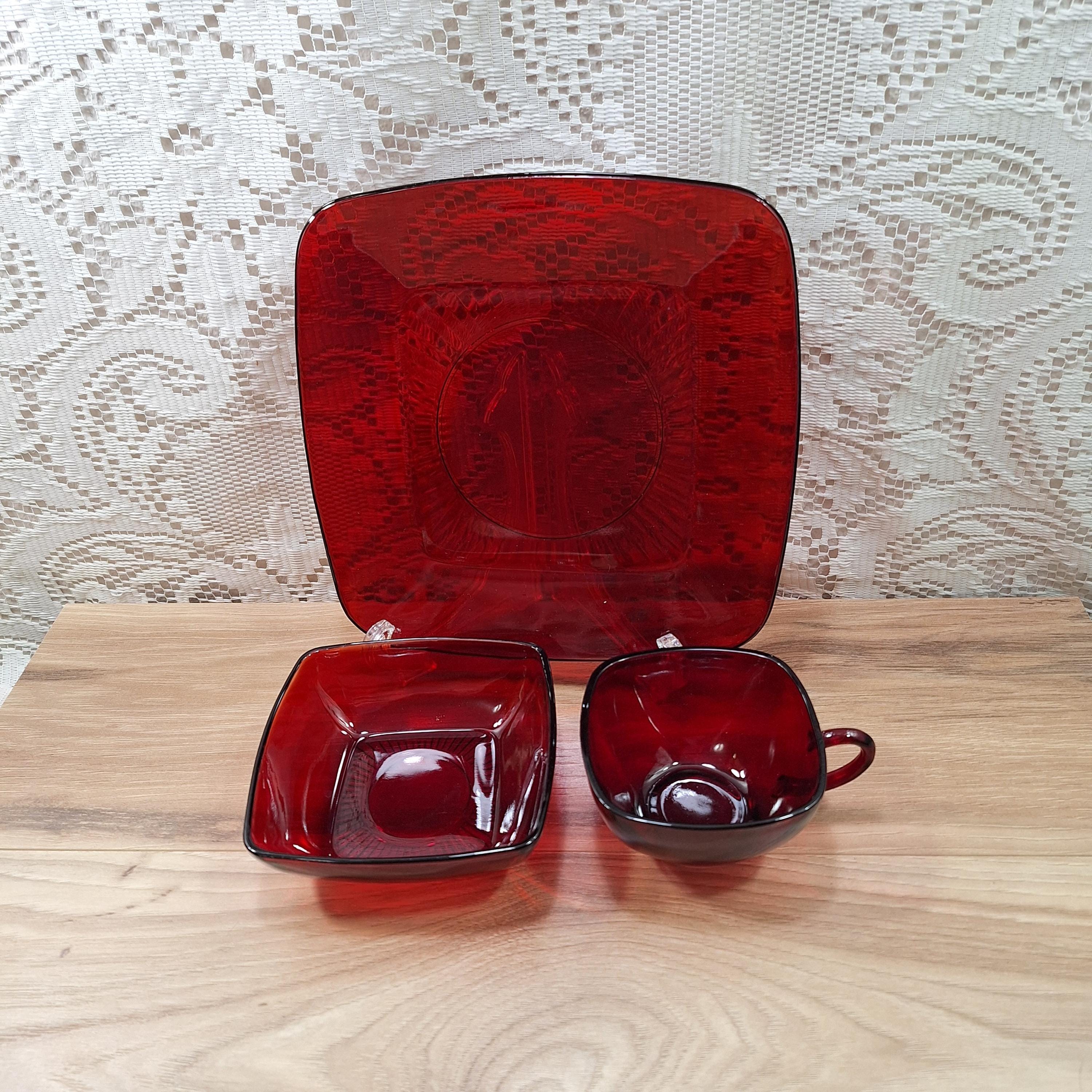 Ruby red luncheon dishes, square charm dishes, Anchor hocking dishes, Red  glass plate, Red glass berry bowl, Square dishes, set of