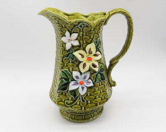 Green flowered pitcher, Basket weave ceramic pitcher, Beverage server, Green pitcher, Flowered pitcher, Vintage ceramic pitcher