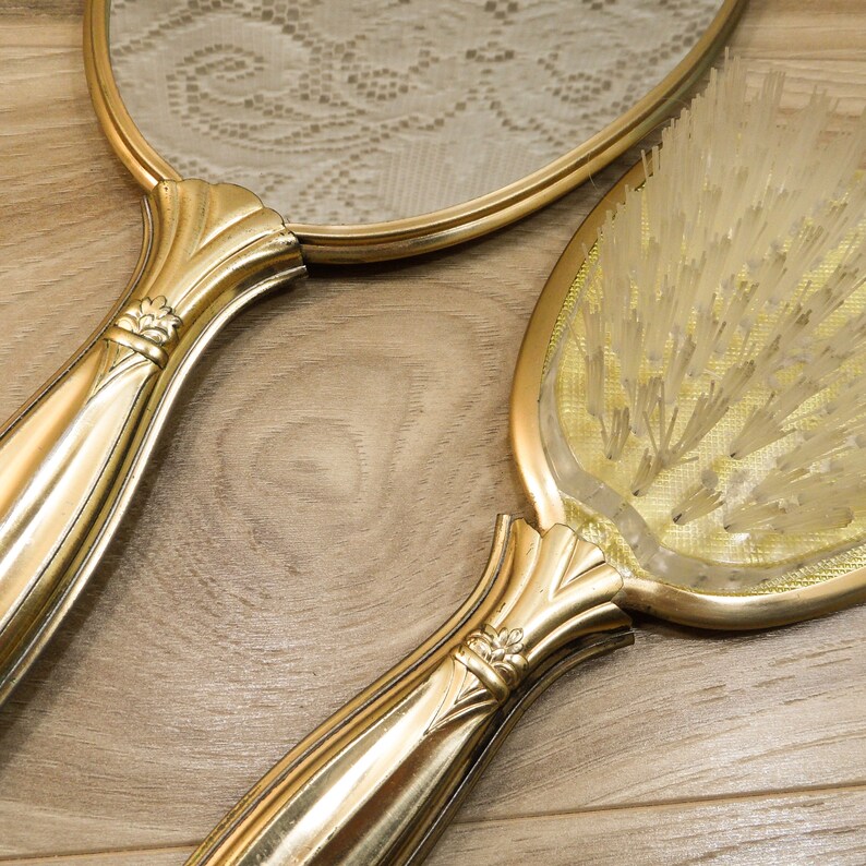 Brush and Mirror Set Gold Vanity Set Hand Mirror and Brush Etsy