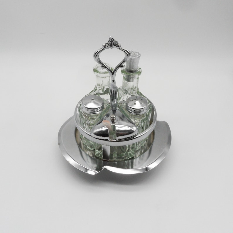 Shaker and Cruet Caddy, Condiment Caddy, Glass Condiment Set, Chrome