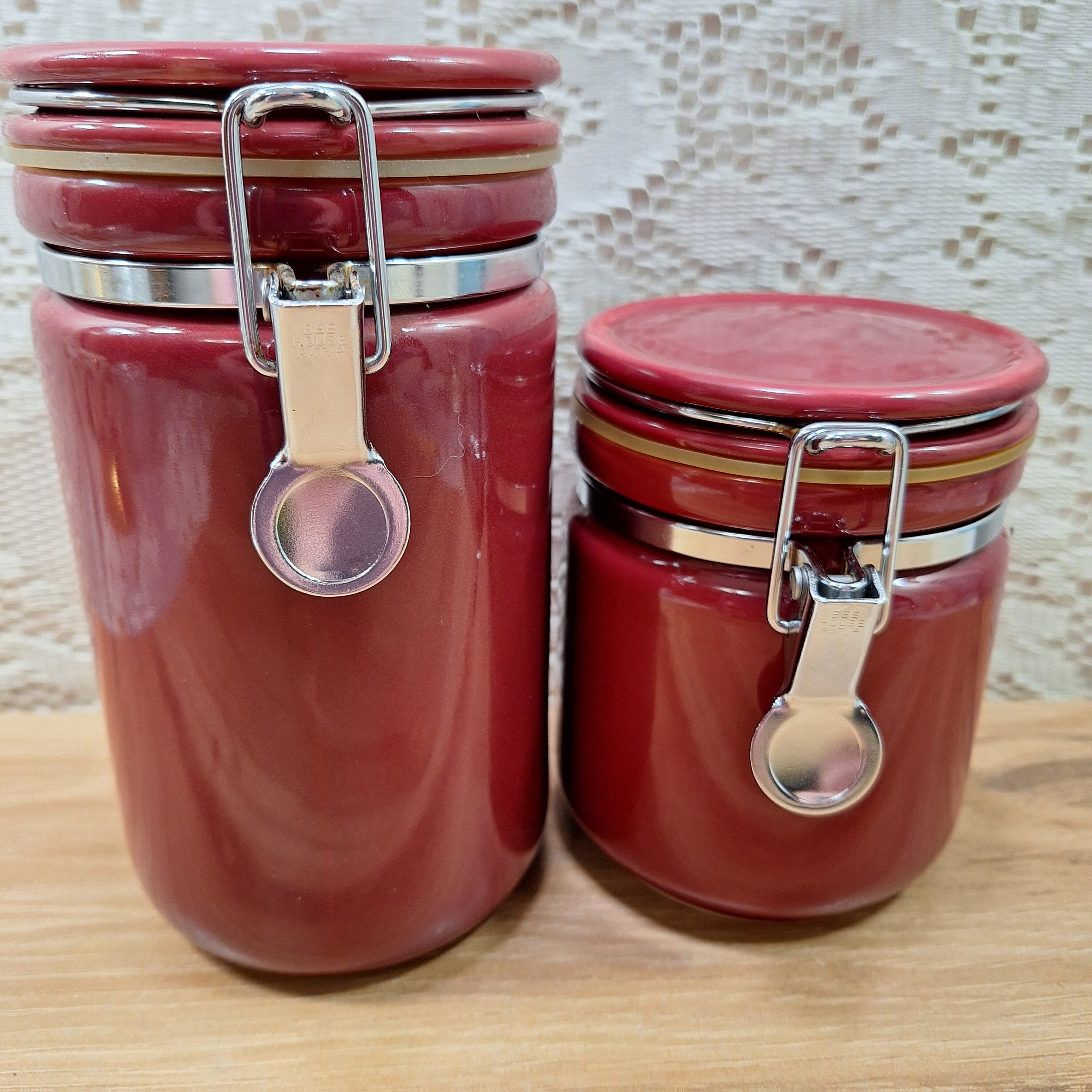 Hinged Lid Canister, Bee House Canister, Maroon Canister, Ceramic