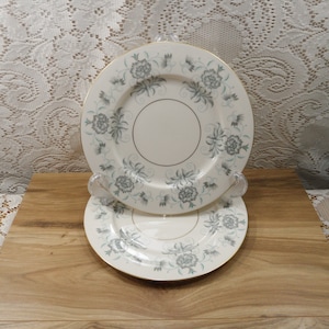 May include: Two white ceramic dinner plates with a gold rim and a floral design in shades of green and gray.