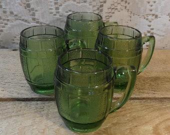 Mug shot glass, small glass mug, barrel mug, toothpick holder, green glass mug, green shot glass, vintage barware