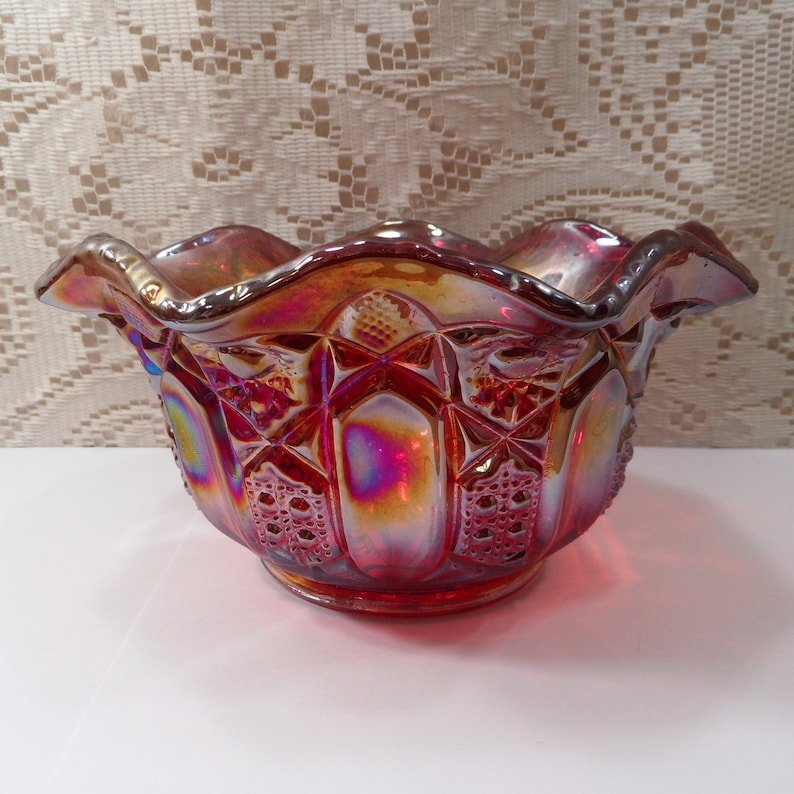 Red Carnival Glass Candy Dish, Imperial Glass Candy Dish, Hobstar Candy