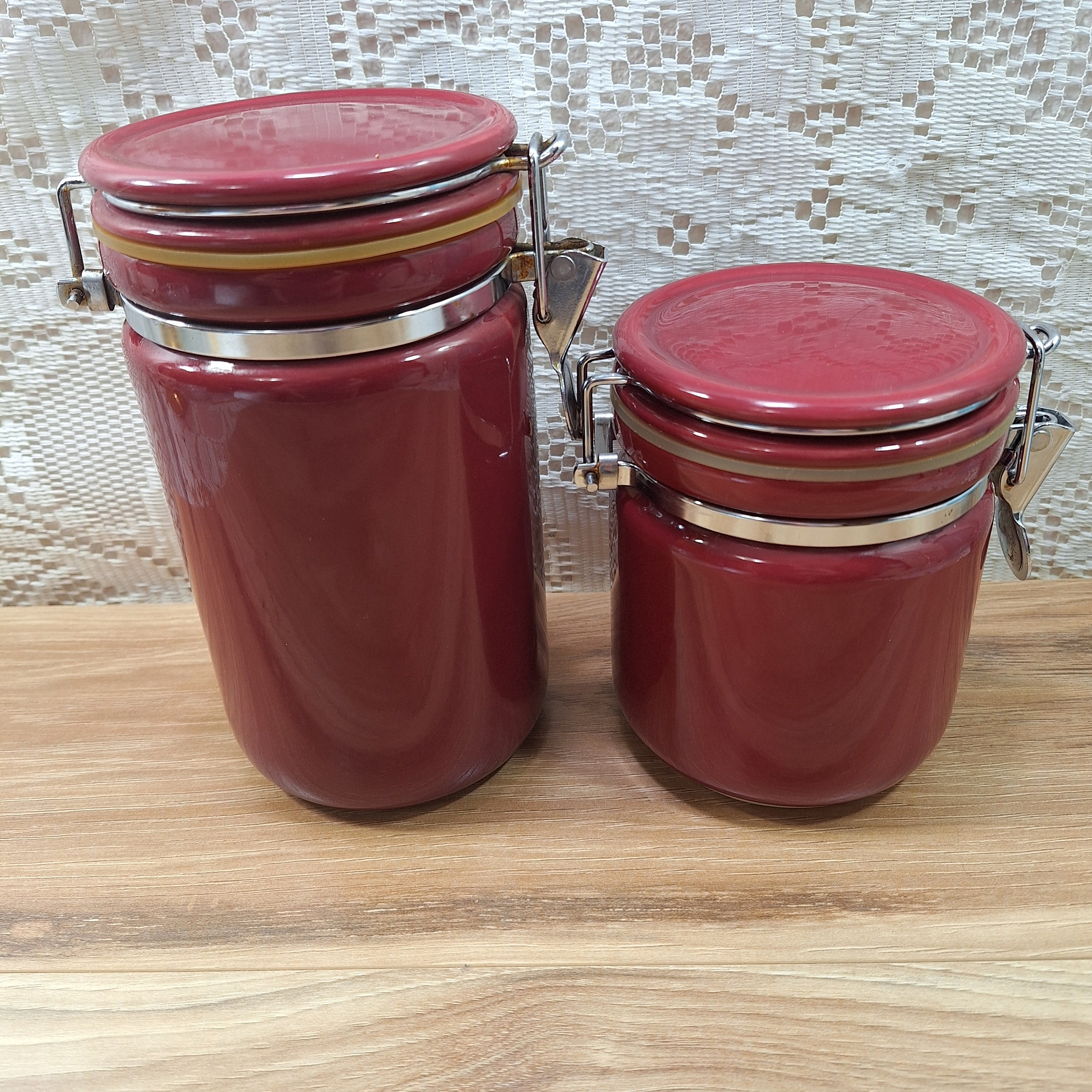 Hinged Lid Canister, Bee House Canister, Maroon Canister, Ceramic